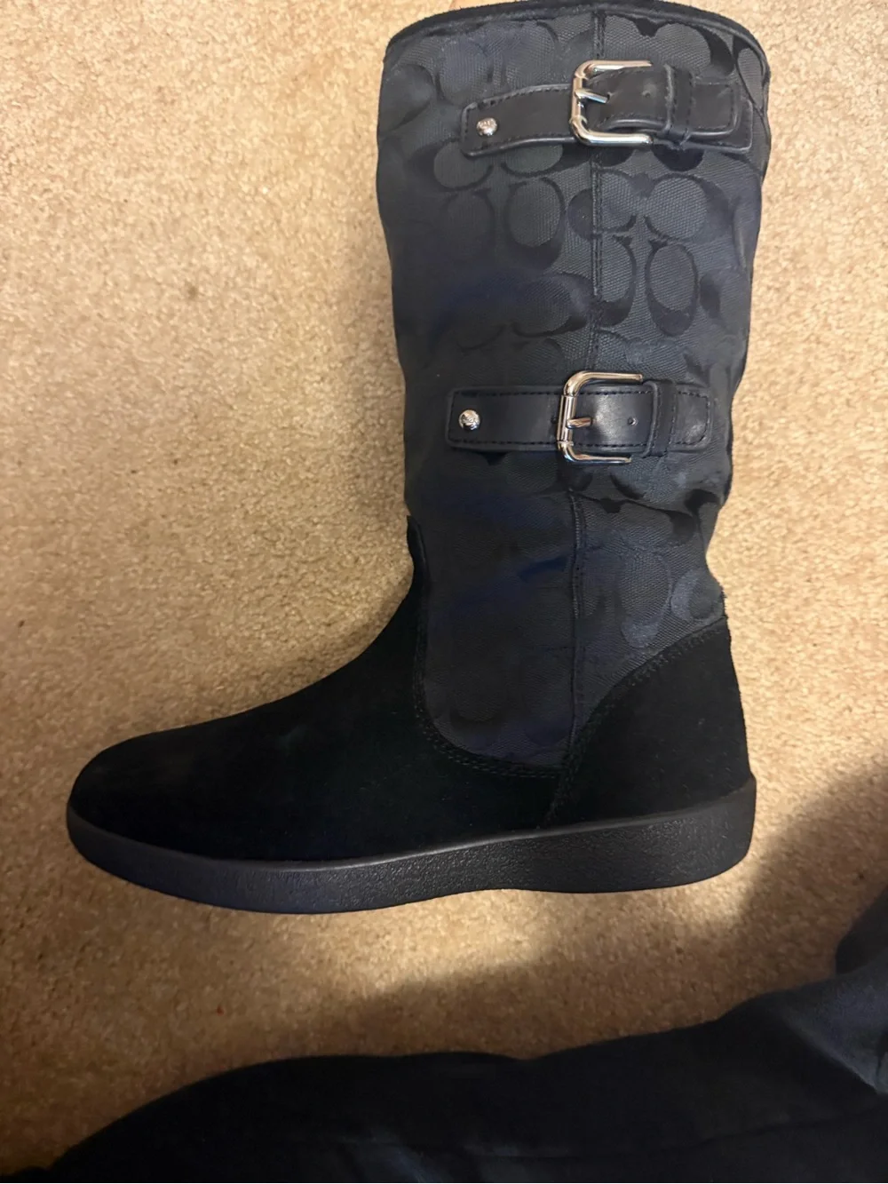 Coach Black Logo Mid-Calf Buckle Boots